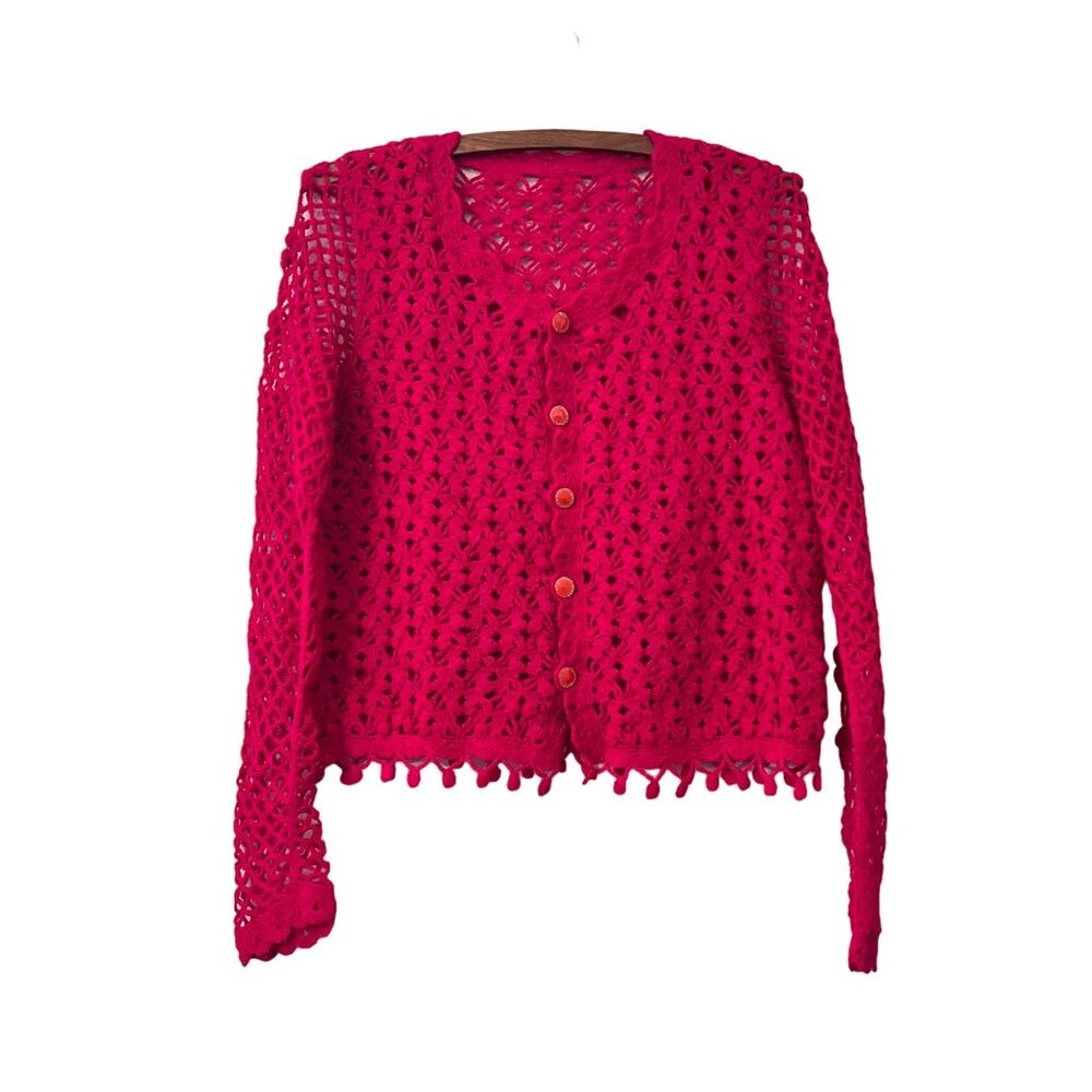 Womens Magenta Pink Fully Crocheted Buttoned Cardigan Size M/L